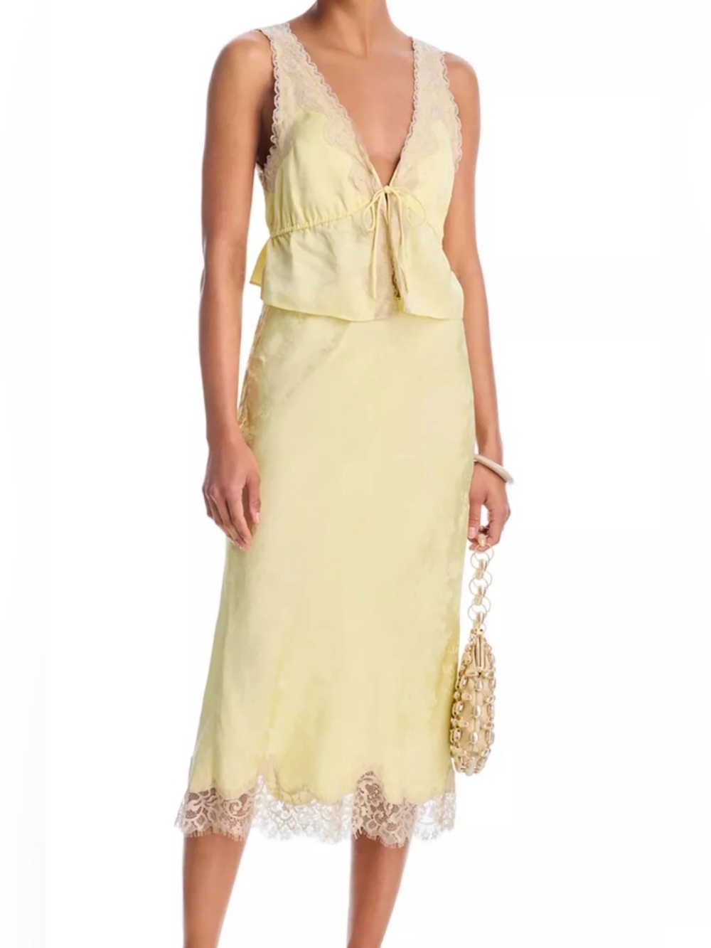 Rumored Pale Yellow Lace-Trim Midi Skirt